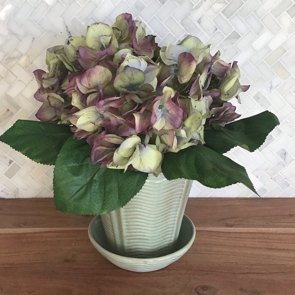 Faux Floral In Glass Planter With Saucer
